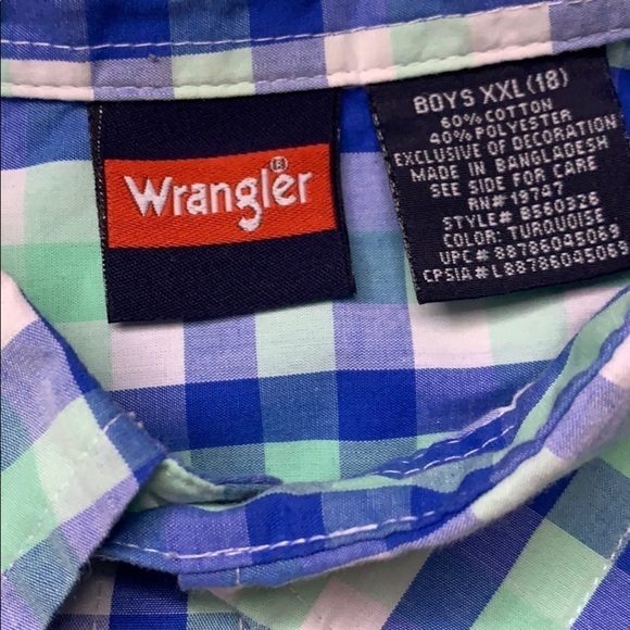Wrangler plaid Casual short sleeve Button Down shirt Kid’s XXL blue green - Picture 6 of 7